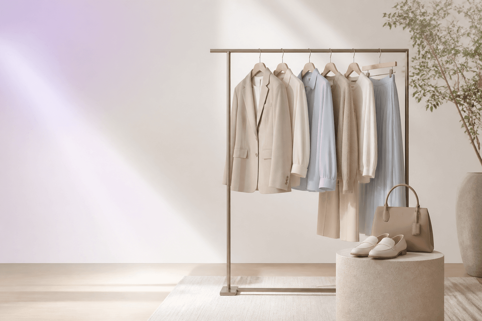아이보리와 파우더 블루 의류가 놓인 MODCUT Shopping 스타일 스튜디오